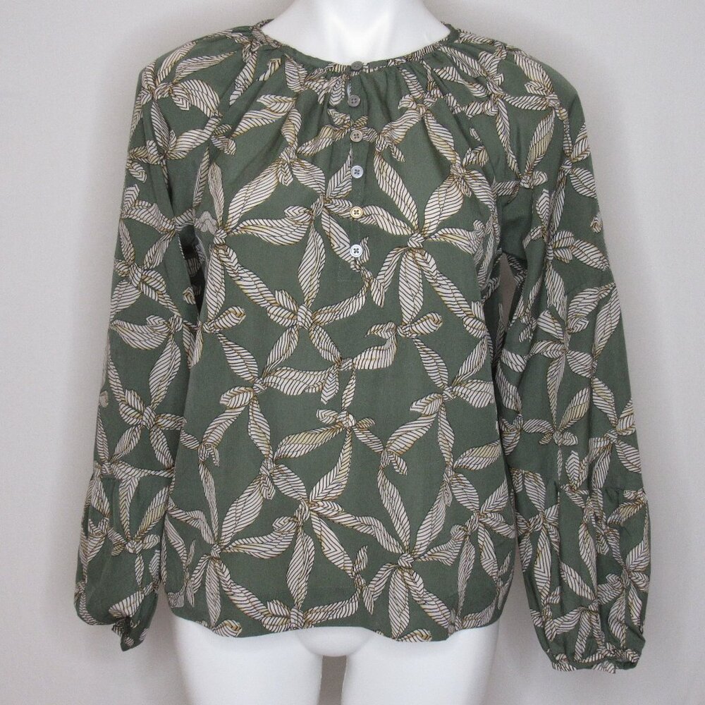 Ann Taylor LOFT Green Ribbon Bubble Sleeve Henley Blouse Women's S Small